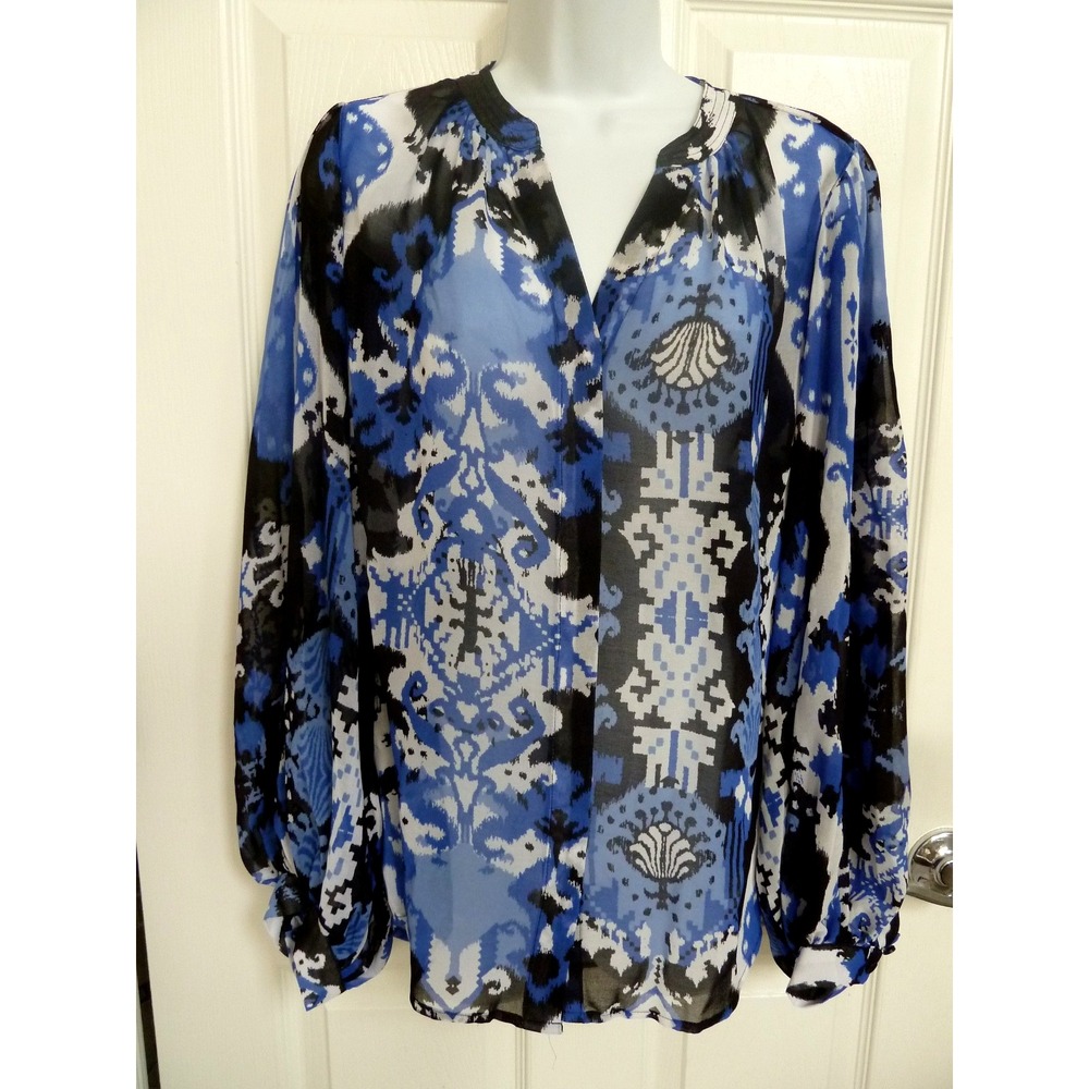 Chicos Sz 1.5 10 Med Sheer Balloon Sleeve Blouse Blue Black Abstract Button Up